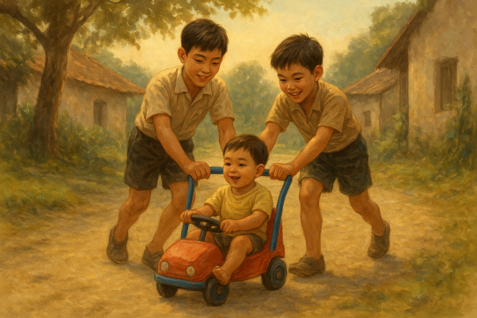 大哥與二弟合力推著一輛小玩具車，把小弟安放其中，顛簸中咯咯笑著
